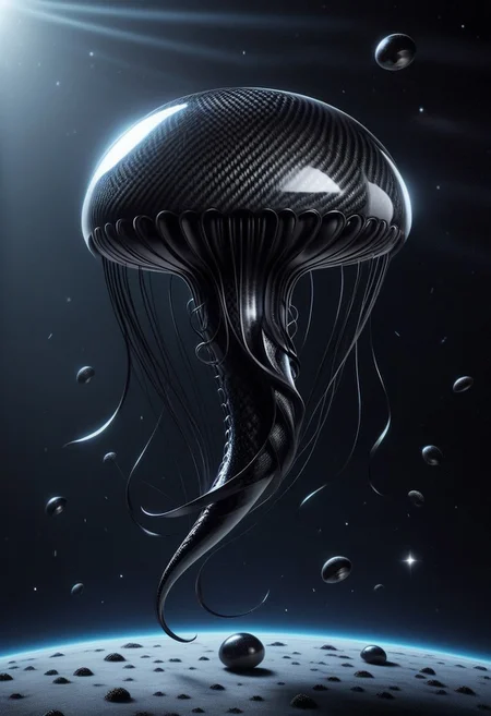 lazympos, cf_style, black jellyfish made of carbon fiber, floating in outer space, stars, dark background