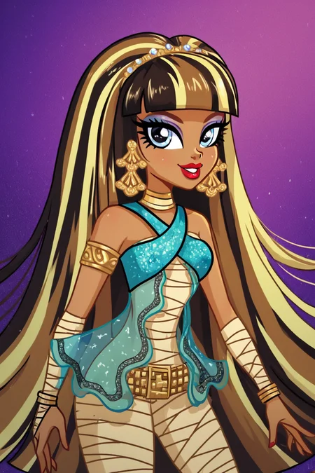 score_9, score_8_up, score_8, medium breasts, (curvy), cute, eyelashes,       BREAK, ,  zzCleo, long hair, multicolored hair, dark skin, blunt bangs, bangs, two-tone hair, black hair, blonde hair, streaked hair, eyeliner, very long hair, brown hair,  makeup, lipstick, bandages, jewelry, earrings, eyeshadow, dress, armlet, red lips, <lora:Cleo_MH_PDXL:0.8>,  , BREAK, smile, looking at viewer, cowboy shot, ,,, embedding:zPDXL, <lora:theButcherXPDXL:0.8>,