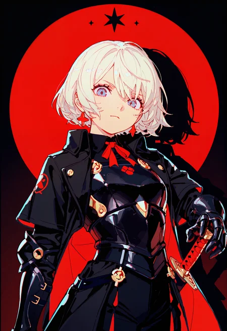 (best quality, good quality, newest, recent, messy_linework, thick_outlines, flat_colors, black_outline, drop_shadow, shadows, anime_coloring, painterly, digital_painting_\(artwork\))
CRVT-Illu, dark_theme, black_theme, peripeteia
marie_(peripeteia) absurdres highres 1girl armor_under_clothes black_armor black_coat black_ribbon breastplate calligraphy concentric_circles cowboy_shot faulds gauntlets grey_eyes high_contrast holding_scabbard holding_sword holding_weapon looking_to_the_side no_pupils open_clothes open_coat popped_collar red_background red_star red_theme ribbon sheath short_hair sketch solo standing star_(symbol) sword three_quarter_view trench_coat unsheathing white_hair white_outline)