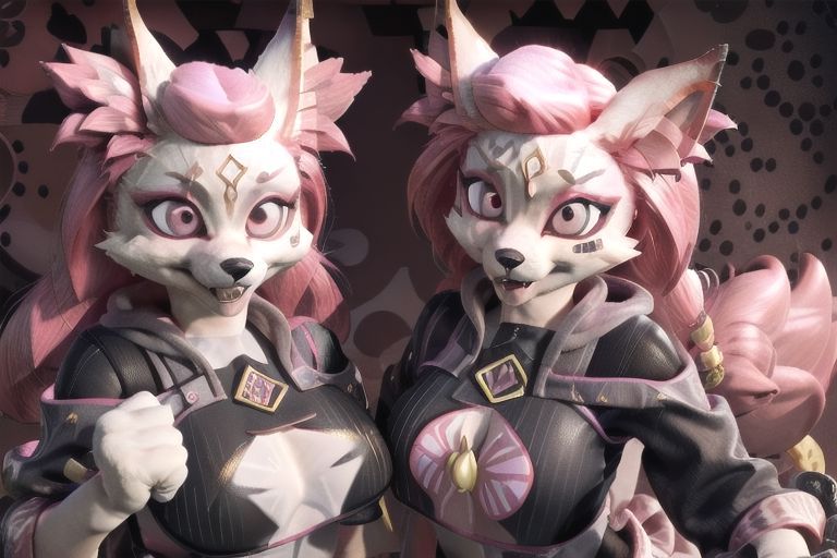 3D KIMIKO FUFFLY FOX EARS FULL BODY SCAR FACIAL MARK GOLD SYMBOL ON FOREHEAD FURRY FEMALE FURRY FANGS PINK EYES PINK HAIR PINK PULLOVER HOODIE WITH STAR STRIPES, BLACK LATEX PANTS  PINK GLOVES BIG BREASTS THIGHS SMILING FACE PINK EYES WITH BLACK IRIS PUFFY NIPPLES AHEGAO