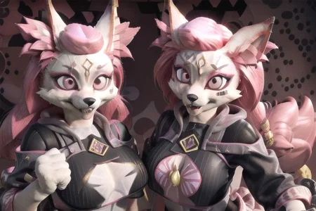 3D KIMIKO FUFFLY FOX EARS FULL BODY SCAR FACIAL MARK GOLD SYMBOL ON FOREHEAD FURRY FEMALE FURRY FANGS PINK EYES PINK HAIR PINK PULLOVER HOODIE WITH STAR STRIPES, BLACK LATEX PANTS PINK GLOVES BIG BREASTS THIGHS SMILING FACE PINK EYES WITH BLACK IRIS PUFFY NIPPLES AHEGAO