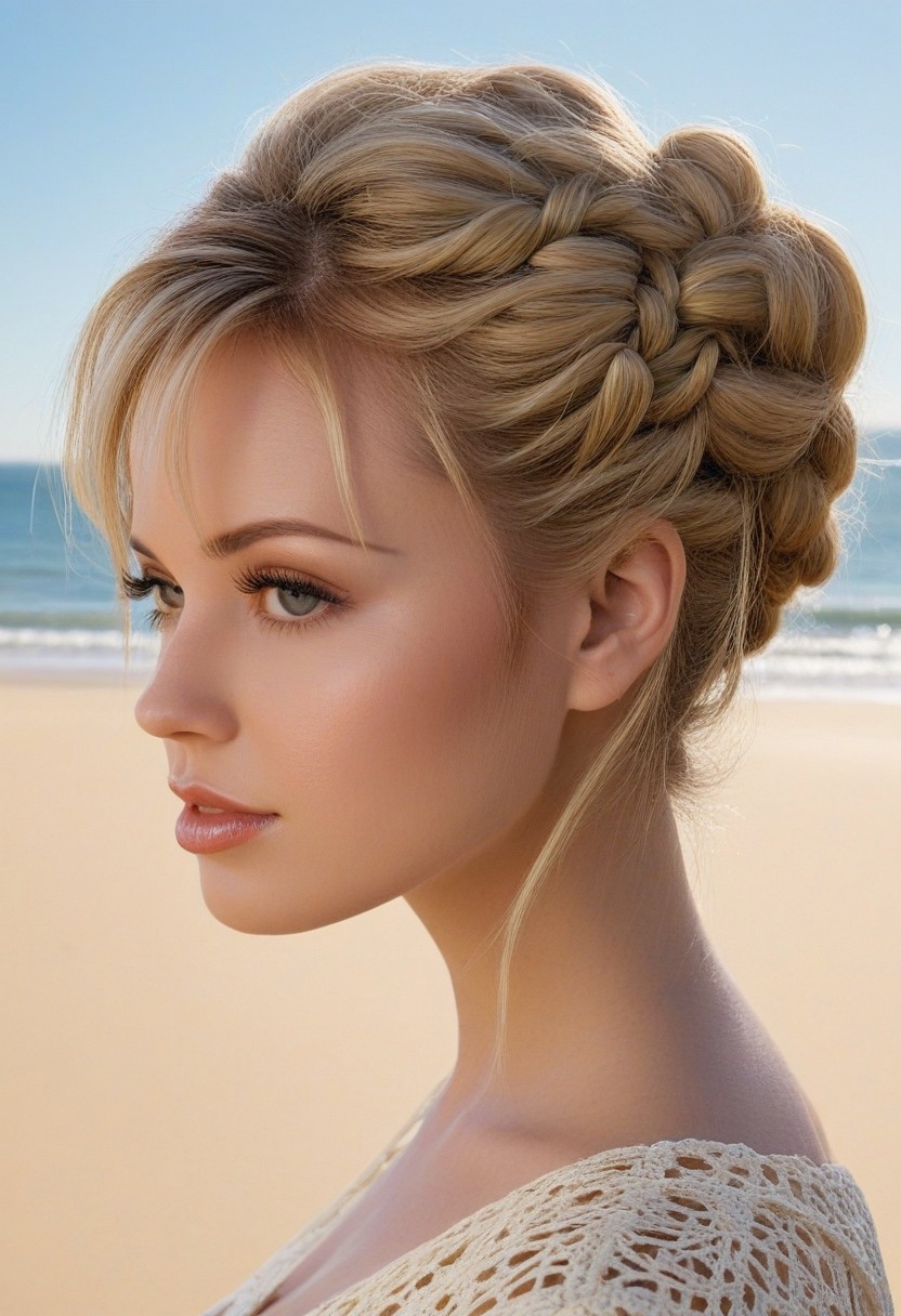 score_9, score_8_up, score_7_up, score_6_up, score_5_up, score_4_up, 1girl, adult, 23 years old, closeup, sunlight on face, blonde, braided updo, realistic photo, sun in eyes, golden hour, outdoors, sunny day, sunlit irises, masterpiece, detailed, highest quality, dramatic lighting, realistic, short hair, long eyelashes, beach