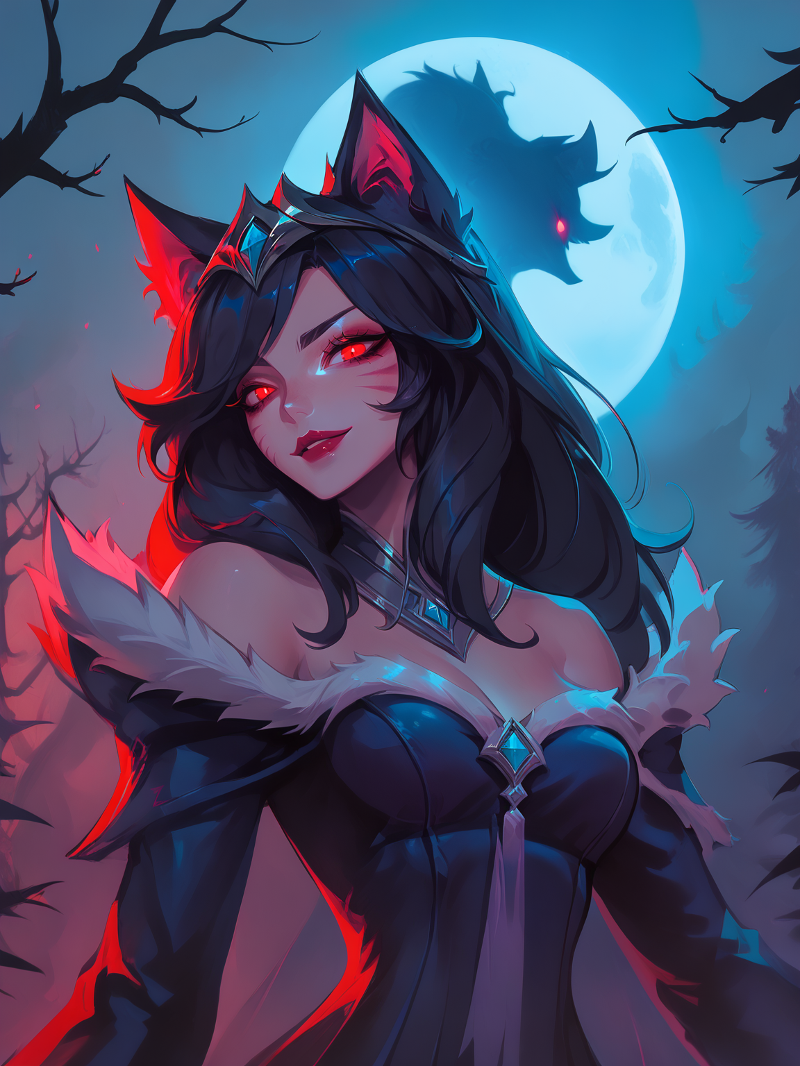score_9, score_8_up, score_7_up, BREAK, MidnightAhri, 1girl, solo, dark hair, diadem, dark fox ears, marks on cheeks, collar, dress with white fur, <lora:MidnightAhri:1>   <lora:NLSTN:0.8> NLSTN, glowing, dark, suggestive pose, dynamic pose, moonlight, perfect female waist, halftone lighting, makeup, red eyes, ((predatory squint))