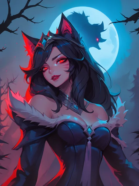 score_9, score_8_up, score_7_up, BREAK, MidnightAhri, 1girl, solo, dark hair, diadem, dark fox ears, marks on cheeks, collar, dress with white fur, <lora:MidnightAhri:1>   <lora:NLSTN:0.8> NLSTN, glowing, dark, suggestive pose, dynamic pose, moonlight, perfect female waist, halftone lighting, makeup, red eyes, ((predatory squint))