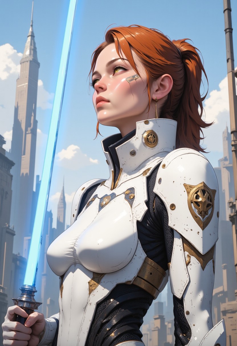 Senya Tirall stands with commanding presence before the towering spires of an alien city, her fiery red hair tied back into a sleek ponytail, soft bangs framing the sharp, resolute features of her face. Two oval metal decorations, each positioned symmetrically above her eyebrows, gleam with subtle brilliance, adding an air of elegance and authority to her appearance. These adornments, emblematic of her Zakuul heritage, reflect the ambient light as she gazes forward with focused intensity.
The soft, radiant glow of her blue dual-sided lightsaber shines upward, illuminating her flawless features—her strong jawline, high cheekbones, and piercing eyes, while casting a serene yet determined expression on her face. The saber hums steadily in her raised hand, its light shimmering off the polished surface of her pristine white Zakuul Knight armor. The armor, sleek and sophisticated, hugs her athletic frame, its angular design enhanced by elegant accents of gold and silver that catch the light, reflecting both beauty and deadly precision.
Senya’s posture is poised and unwavering, every muscle taut with readiness. The glow from her lightsaber mirrors the calm yet powerful aura she exudes, a perfect fusion of grace, power, and unshakable resolve.
anime_martz, anime_source, DB4RZ, DB4RZ style painting, anime, cyberpunk
