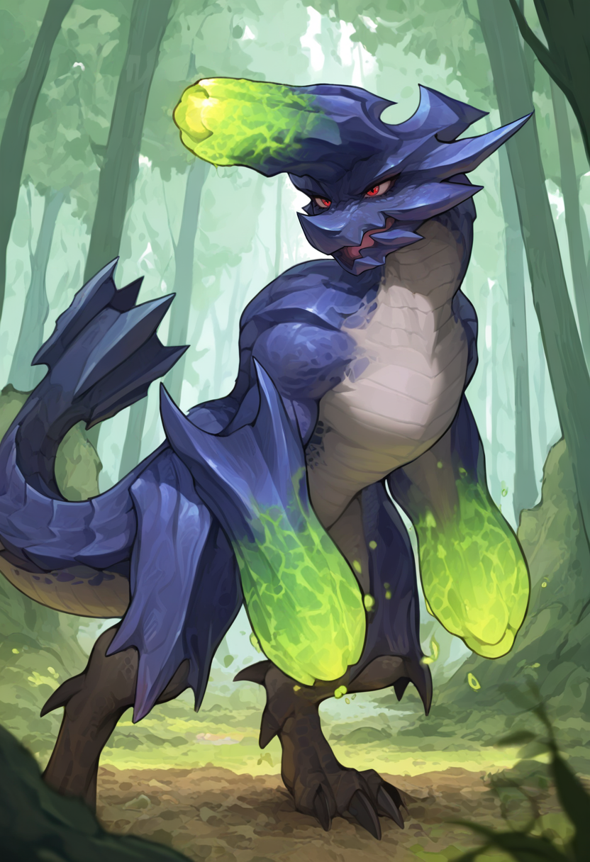 <lora:MH_Brachydios_a1_1_NoobXL-eps:1>,<lora:EatSleep1111StyleSDXL11:0.7>,<lora:merrytailSDXLstyle:0.3>,eatsleep1111,merrytail,masterpiece,best quality,amazing quality,high quality,very aesthetic,absurdres,newest,shaded,digital media \(artwork\),depth of field,solo,mhbrdos,feral,detailed background,forest,pose,red eyes,green slime,three-quarter portrait,