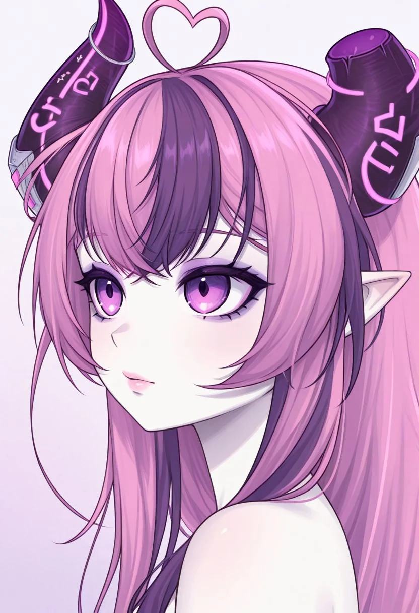 cybermousey, 1girl, purple eyes, purple eyeshadow, purple hair, pink hair, streaked hair, long hair, heart ahoge, crossed bangs, pointy ears, demon horns, broken horn, pale skin, lips, from side, 3/4 shot, close up