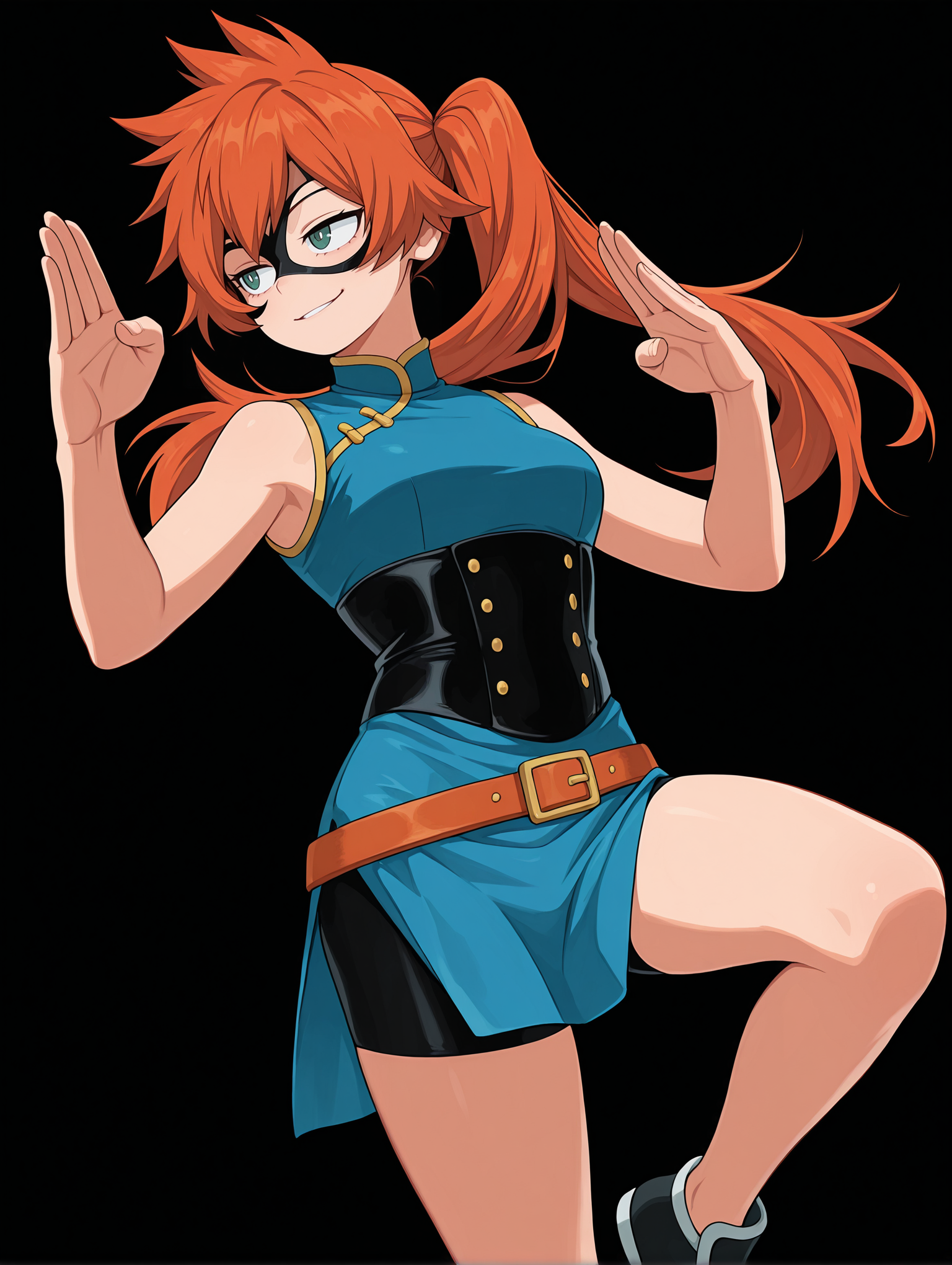 <lora:Kendo Illu:1>
1girl, solo,
kend0, long hair, orange hair, side ponytail, green eyes, 
kendoher0, blue china dress, sleeveless, black corset, shorts under dress, bike shorts, belt,  domino mask, underbust,
standing on one leg, fighting pose, smirk
cowboy shot,, masterpiece, best quality, amazing quality,, simple background, black background