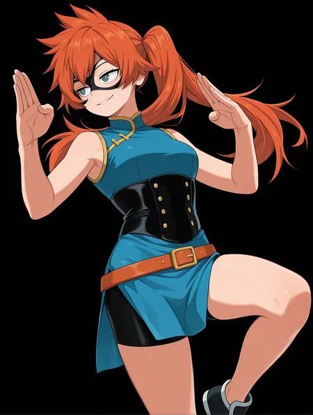 <lora:Kendo Illu:1>
1girl, solo,
kend0, long hair, orange hair, side ponytail, green eyes,
kendoher0, blue china dress, sleeveless, black corset, shorts under dress, bike shorts, belt, domino mask, underbust,
standing on one leg, fighting pose, smirk
cowboy shot,, masterpiece, best quality, amazing quality,, simple background, black background