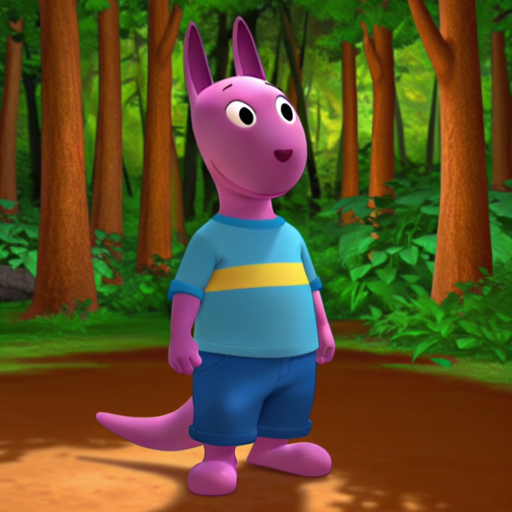 masterpiece, best quality, amazing quality, austinByil, anthro, male, kangaroo, purple fur, black eyes, blue shirt yellow stripe, blue pants, standing, in forest, solo, 1boy, <lora:12be930c-5113-4b51-95ad-da9d8fa59eac:1.0>
