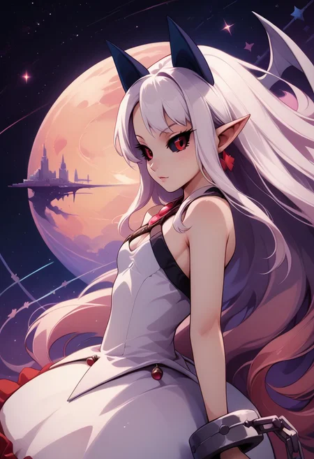 score_9, score_8_up, score_8, medium breasts, (curvy), cute, eyelashes, rating_safe,
BREAK,
zzPram, 1girl, solo, long white hair, horns, pointy ears, red eyes, black sclera, jewelry, dress, bubble skirt, earrings, chain, bat wings, albino, shackles, criss-cross halter,
BREAK,
dynamic angle, stars, floating, colorful, pink, blue eyes, from side, on back, spaceship, technological,
zPDXL,