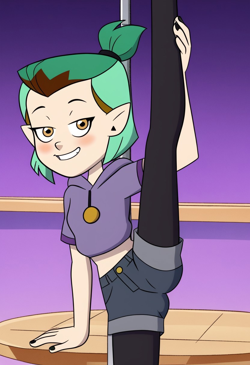 deadinsidestyle, disney the owl house Amity Blight, sexy attire, 1 girl, green hair, medium hair, half updo happy face, blush, small breast,  hoodie, short sleeves, hood down, purple shirt, white shirt, denim shorts, leggings under shorts, black leggings, sly smile, eyes half open, cowboy shot, looking at viewer, stripper, stripper pole, pole dancing, standing on one leg,standing split,leg hold,leg lift,