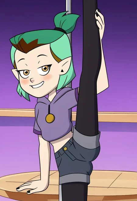 deadinsidestyle, disney the owl house Amity Blight, sexy attire, 1 girl, green hair, medium hair, half updo happy face, blush, small breast,  hoodie, short sleeves, hood down, purple shirt, white shirt, denim shorts, leggings under shorts, black leggings, sly smile, eyes half open, cowboy shot, looking at viewer, stripper, stripper pole, pole dancing, standing on one leg,standing split,leg hold,leg lift,