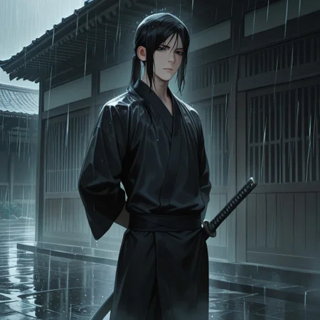 masterpiece, best quality, amazing quality, absurdres, newest, detailed background, definition so sharp, Ultra-HD, 8K cinematic, very awa, impressionate, amazing quality, highres,
solo, male focus, manly,
kurohyatogami, kuroh_black hair, kuroh_black eyes, 1boy, low tied hair, long hair,
standing, hands behind back, calm posture, cool gaze, black kimono, sword on hip, rain, traditional building, serene, powerful, protective, cool, warm presence