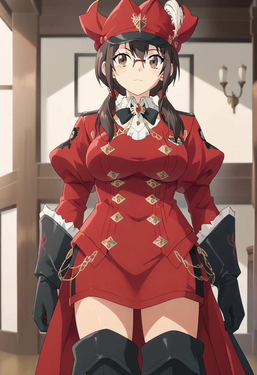 score_9, score_8_up, score_7_up, score_6_up, score_5_up, score_4_up, masterpiece, anime coloring, rating_safe, anime style, <lora:SKNL_Style_XL:0.7> sknl style, 
BREAK source_anime, anime, best quality, masterpiece, rating_safe, uncensored, High quality, 8k, Ultra, 
<lora:AfrobullPDXLresize:0.8> afrobullstyle, 
BREAK  1girl, isone_kotoha, black hair, brown eyes, long hair, low twintails, glasses, 
rdmAf, duelist head, duelist body, duelist gloves, duelist pants, duelist cape, duelist boots, hat feather,
BREAK  (cowboy shot), (standing), (from front),
(large breasts:1,2),
BREAK (Inside the room, sky,daytime),