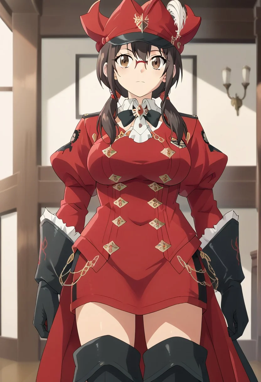 score_9, score_8_up, score_7_up, score_6_up, score_5_up, score_4_up, masterpiece, anime coloring, rating_safe, anime style, <lora:SKNL_Style_XL:0.7> sknl style,
BREAK source_anime, anime, best quality, masterpiece, rating_safe, uncensored, High quality, 8k, Ultra,
<lora:AfrobullPDXLresize:0.8> afrobullstyle,
BREAK 1girl, isone_kotoha, black hair, brown eyes, long hair, low twintails, glasses,
rdmAf, duelist head, duelist body, duelist gloves, duelist pants, duelist cape, duelist boots, hat feather,
BREAK (cowboy shot), (standing), (from front),
(large breasts:1,2),
BREAK (Inside the room, sky,daytime),
