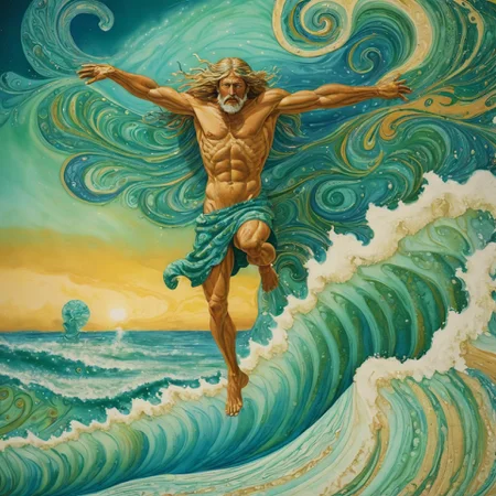 Expressionism, xlmrblng36-500 magnificent male druid jumping over a wave on a beach, very detailed, intricate