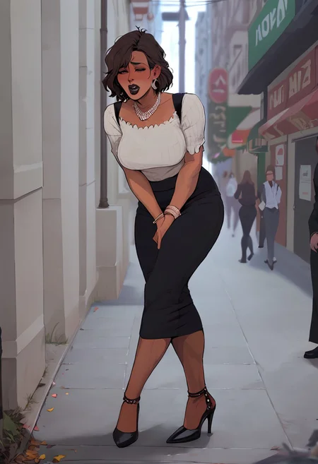 score_9, score_8_up,solo,milf desperate on a crowded street, standing in queue to porta-potty, desperation, crossed legs, bent over, holding crotch , toned female, messy ponytail, side locks,multiple women,  bag on shoulder,tight clothing, black short dress, high heels, multiple necklace,feminine face,(source_anime:0.4), (tan skin:1.3), dark lipstick