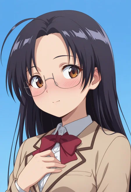 1girl,solo,cute,
Sumire Shirakawa34,
brown eyes, black hair, small breasts, pale skin,long hair, parted bangs, ahoge, straight hair,glasses, under-rim eyewear,school uniform, beige blazer, white shirt, red bowtie, pleated skirt, black pantyhose, loafers
blush, gentle smile, soft expression, hand on chest, looking to the side
looking at viewer,portrait
Simple blue background,(soft focus:1.3),
masterpiece, amazing quality, best quality, ultra-detailed, 8K, illustration, CG, shiny hair, clear skin, ultra-detailed-eyes, eyelashes, highly detailed,