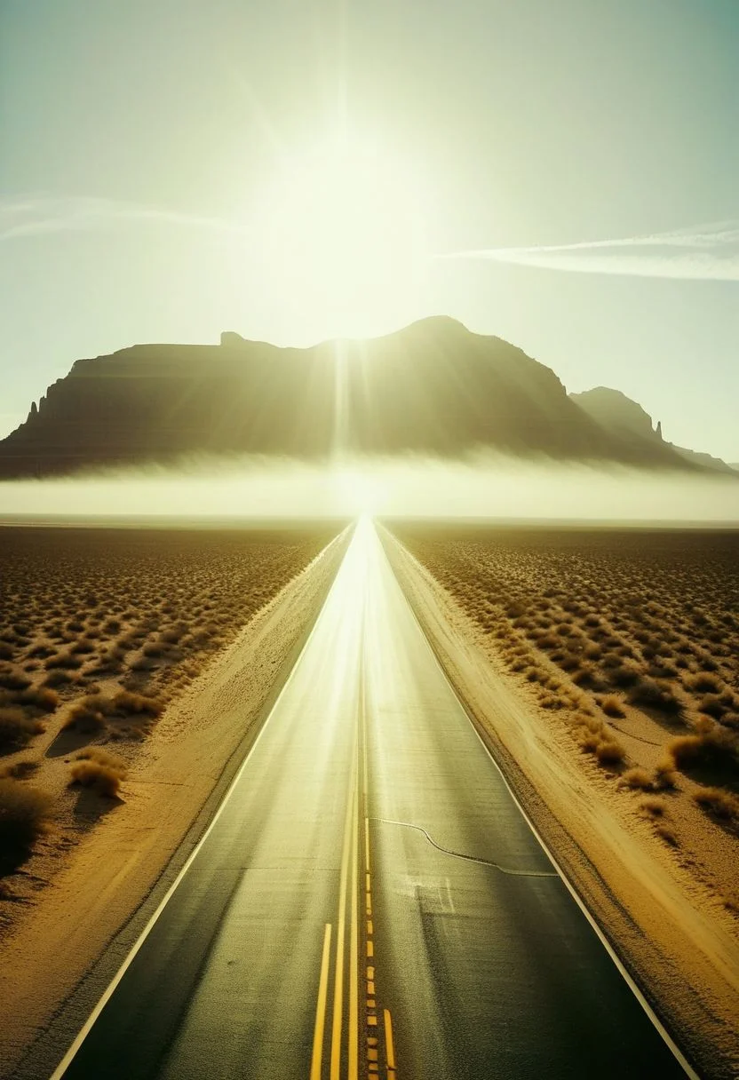 ()Hyoer Realistic:2.0)Polaroid picture of
image of a vast, desert interstate highway, stretching out to the horizon with multiple lanes of sleek, silver cars zipping by. The speed limit sign reads 99 MPH, and the road is flanked by towering, sandy dunes that glow golden in the sunlight.
(In the center of the view, a majestic mountain rises from the desert floor, its peak shrouded in mist. At the very top, a breathtaking waterfall cascades down the rocky face, creating a misty veil that rises into the air.:1.80) The contrast between the arid desert landscape and the lush, tropical oasis at the mountain's peak is striking.
Capture the sense of freedom and adventure that comes with driving down this futuristic highway, surrounded by the surreal beauty of the desert landscape.