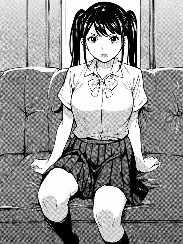 score_9, score_8_up, score_7_up,  
1girl, monochrome, black hair, twintails, medium breasts,

school uniform, white shirt, short sleeves, pleated skirt, black skirt, black socks, sitting, couch,
looking at viewer, frown, open mouth,
