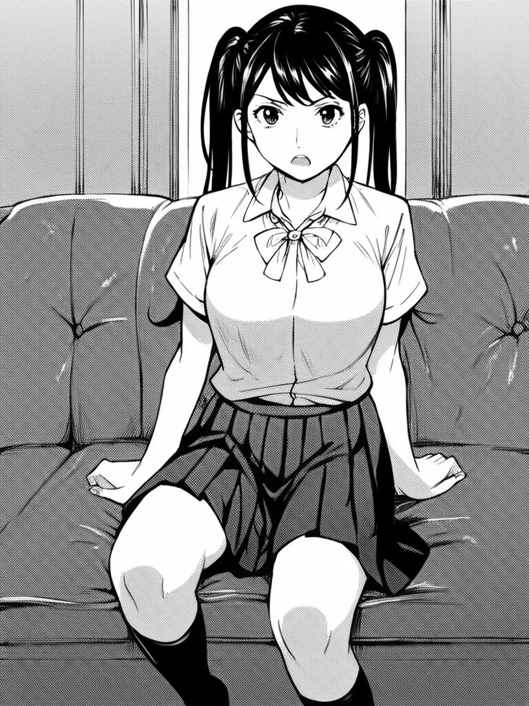score_9, score_8_up, score_7_up,
1girl, monochrome, black hair, twintails, medium breasts,
school uniform, white shirt, short sleeves, pleated skirt, black skirt, black socks, sitting, couch,
looking at viewer, frown, open mouth,
