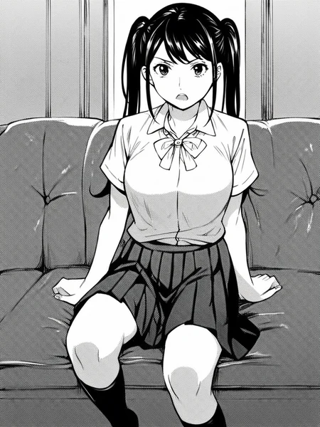 score_9, score_8_up, score_7_up,
1girl, monochrome, black hair, twintails, medium breasts,
school uniform, white shirt, short sleeves, pleated skirt, black skirt, black socks, sitting, couch,
looking at viewer, frown, open mouth,