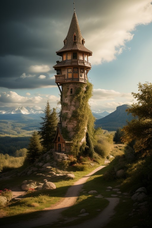 realistic analog photo, award winning photo, vary wide shot of magic stone witow tower:1.3, (Military watchtower), scenery,  fantasy, hills, dirt road, nature, outdoors, RAW, highres, 8k, uhd, High Dynamic Range, tonemapping, crisp details,