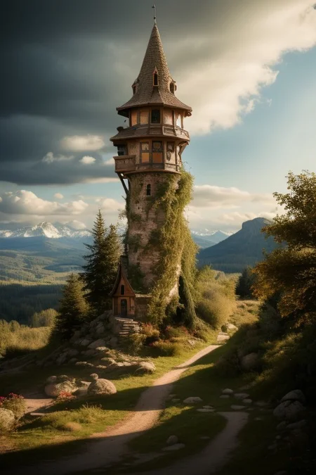 realistic analog photo, award winning photo, vary wide shot of magic stone witow tower:1.3, (Military watchtower), scenery,  fantasy, hills, dirt road, nature, outdoors, RAW, highres, 8k, uhd, High Dynamic Range, tonemapping, crisp details,