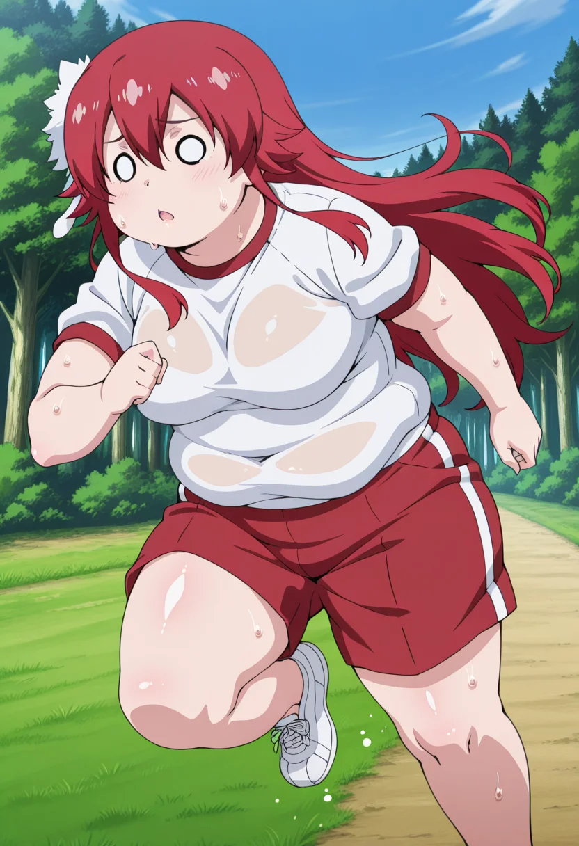 <lora:add-detail-xl:1> <lora:DetailedEyes_V3:1> <lora:hand 5.5:1> <lora:Arnest_Flaming_Illustrious:1>, anime screencap, anime coloring, anime colored background, detailed background, detailed face, shiny skin, shiny hair, red shine, absurdes, highres, dynamic pose, masterpiece, best quality, uncensored, official art, cel shaded, graphic illustration, digital painting, CGI, very detailed, amazing quality, intricate details, dynamic pose, HDR, UHD, 8K, Fineline illustration
BREAK
1girl, solo, red hair, long hair, hair between eyes, bangs, sidelocks, hair down, hair ornament, red eyes, medium breast, chubby, gym uniform, red shorts, running, tired, sweat drop, o o, looking forward
BREAK
outside, grass, daytime, blue sky, forest