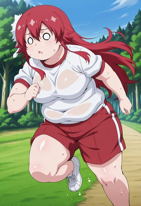 <lora:add-detail-xl:1> <lora:DetailedEyes_V3:1> <lora:hand 5.5:1> <lora:Arnest_Flaming_Illustrious:1>, anime screencap, anime coloring, anime colored background, detailed background, detailed face, shiny skin, shiny hair, red shine, absurdes, highres, dynamic pose, masterpiece, best quality, uncensored, official art, cel shaded, graphic illustration, digital painting, CGI, very detailed, amazing quality, intricate details, dynamic pose, HDR, UHD, 8K, Fineline illustration
BREAK
1girl, solo, red hair, long hair, hair between eyes, bangs, sidelocks, hair down, hair ornament, red eyes, medium breast, chubby, gym uniform, red shorts, running, tired, sweat drop, o o, looking forward
BREAK
outside, grass, daytime, blue sky, forest