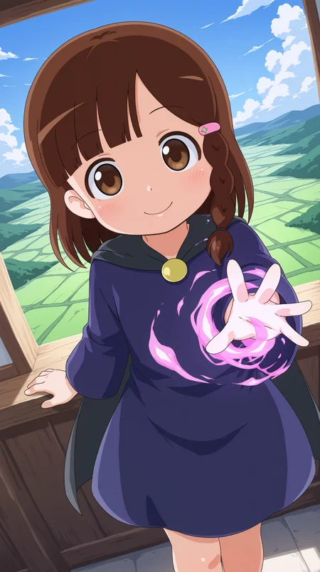 masterpiece, best quality, amazing quality, very aesthetic, absurdres, best quality, 4k, upscale, indoors, slightly side, dynamic pose, foreshortening, outdoors, sky, landscape, magic, riri, 1girl, brown hair, solo, smile, braid, brown eyes, hair ornament, looking at viewer, dress, hairclip, blush, bangs, cape, closed mouth, blue dress, side braid, blunt bangs, single braid <lora:Riri_ILv2:0.8>