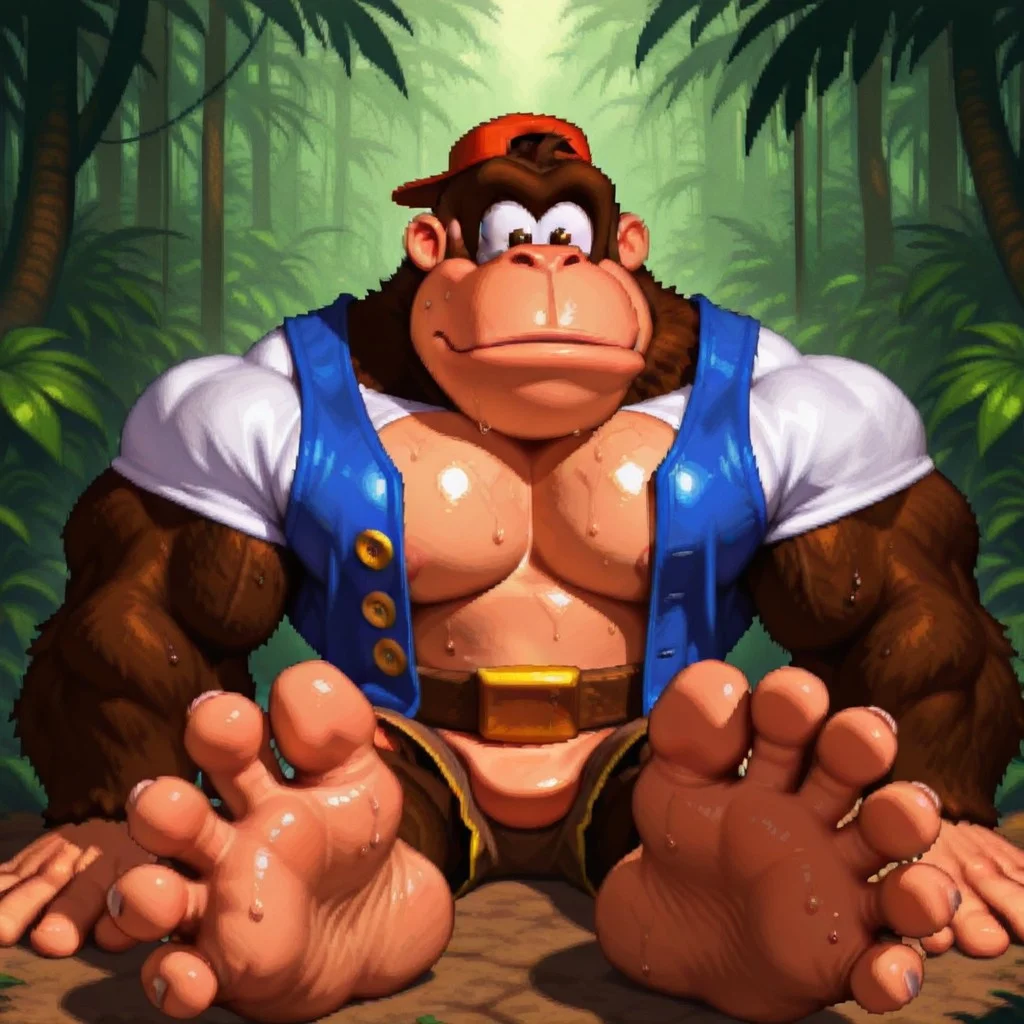 <lora:ChunkyKong:1>, dkcstyle, pixel art, chunky kong, solo, gorilla, furry, pleasured, brown fur, brown eyes,  torn jean shorts, white shirt, short sleeves, blue vest, open vest, sweat, sweaty, wet, musk cloud, manly, mature,  chubby, large pectorals,  backwards cap,  BREAK masterpiece, best quality, amazing quality, very aesthetic, high resolution, 4K, extremely-detailed, depth of field, separate focus, newest, scenery, detailed fur, detailed muscles, cinematic lighting, face closeup, portrait, closed mouth, foot focus, foot fetish, big feet, jungle, laying