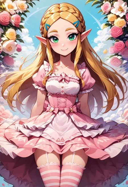 score_9, score_8_up, score_8, medium breasts, (curvy), cute, eyelashes,
BREAK,
princess zelda, green eyes, long hair, crown braid, hairclip, pointy ears,
BREAK,
closed mouth, alternate costume, smile, looking at viewer, blush,
zzLFashion, pink frilled dress, frills, bow, dress, striped thighhighs, ribbons,
floral background,
zPDXL,