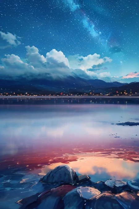 (masterpiece, best quality:1.4), high res, dramatic, scerery, large area sky, starfall, night, sky, stars, <lora:conceptBetterSky_sky:0.7>, puffy clouds, water surface, 3DMM mountain,  <lora:Detailed_Places_R-128_v1:0.7>