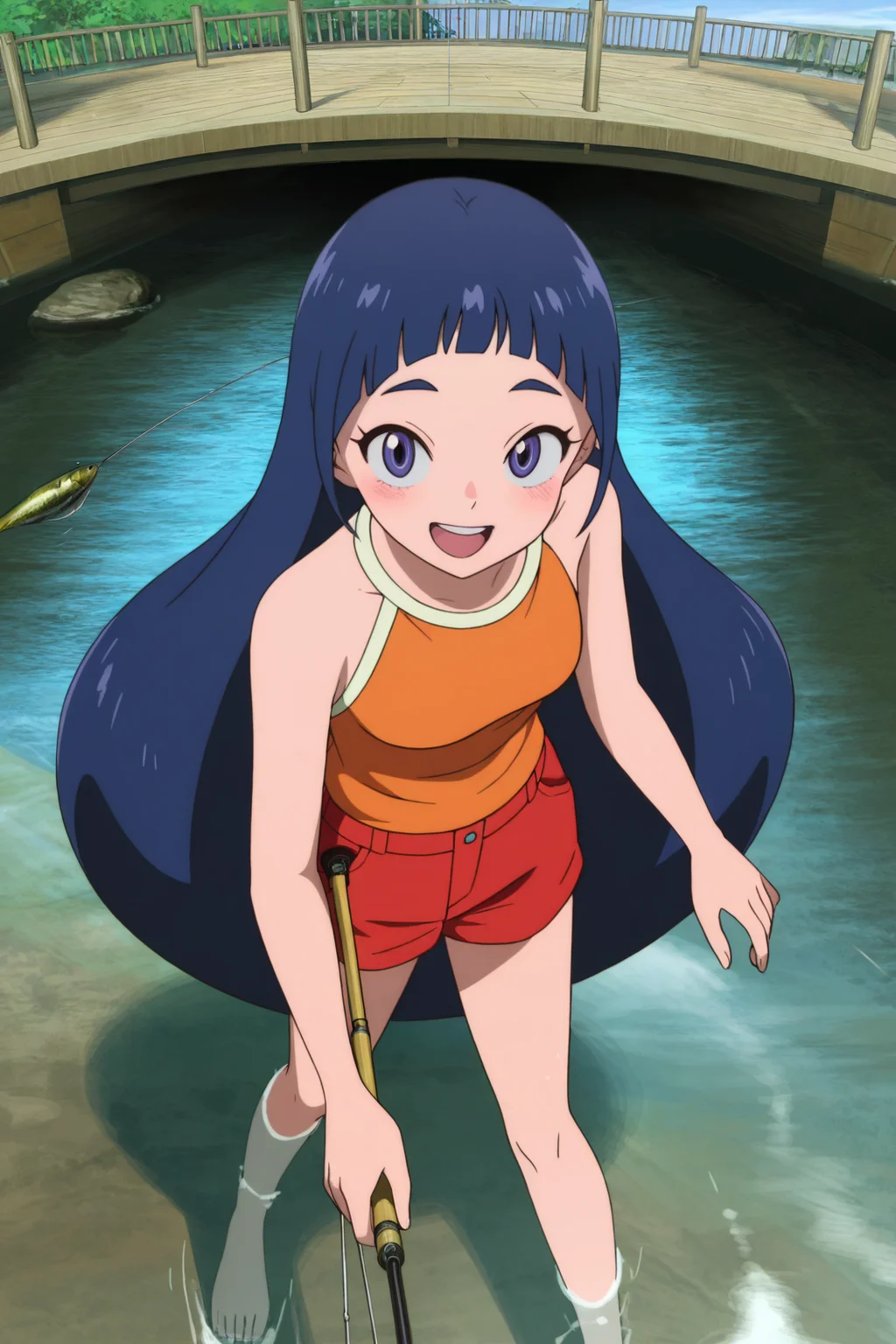 <lora:Hana Ayukawa:0.85>small butt, NPA_HA, 1girl,solo,long hair,blue eyes,blue hair,closed mouth,orange vest,blue sky, looking_at_viewer,front view,smile,cowboy_shot,waving,open mouth,upper teeth only,red shorts
fishing, (holding fishing rod:0.8), canal,
perspective,looking at viewer,motion lines,
blush, shy,
anime screencap, original style,official art,
realistic skin, high definition, amazing quality, very aesthetic, best quality, masterpiece, best quality, very aesthetic, highres, absurdres, sensitive, <lora:add-detail-xlå¢å ç»è:1>