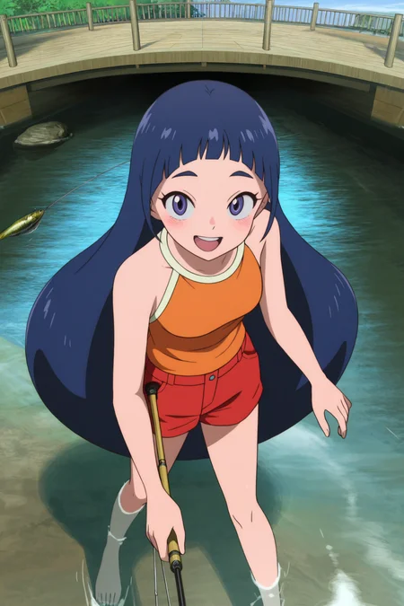 <lora:Hana Ayukawa:0.85>small butt, NPA_HA, 1girl,solo,long hair,blue eyes,blue hair,closed mouth,orange vest,blue sky, looking_at_viewer,front view,smile,cowboy_shot,waving,open mouth,upper teeth only,red shorts
fishing, (holding fishing rod:0.8), canal,
perspective,looking at viewer,motion lines,
blush, shy,
anime screencap, original style,official art,
realistic skin, high definition, amazing quality, very aesthetic, best quality, masterpiece, best quality, very aesthetic, highres, absurdres, sensitive, <lora:add-detail-xlå¢å ç»è:1>