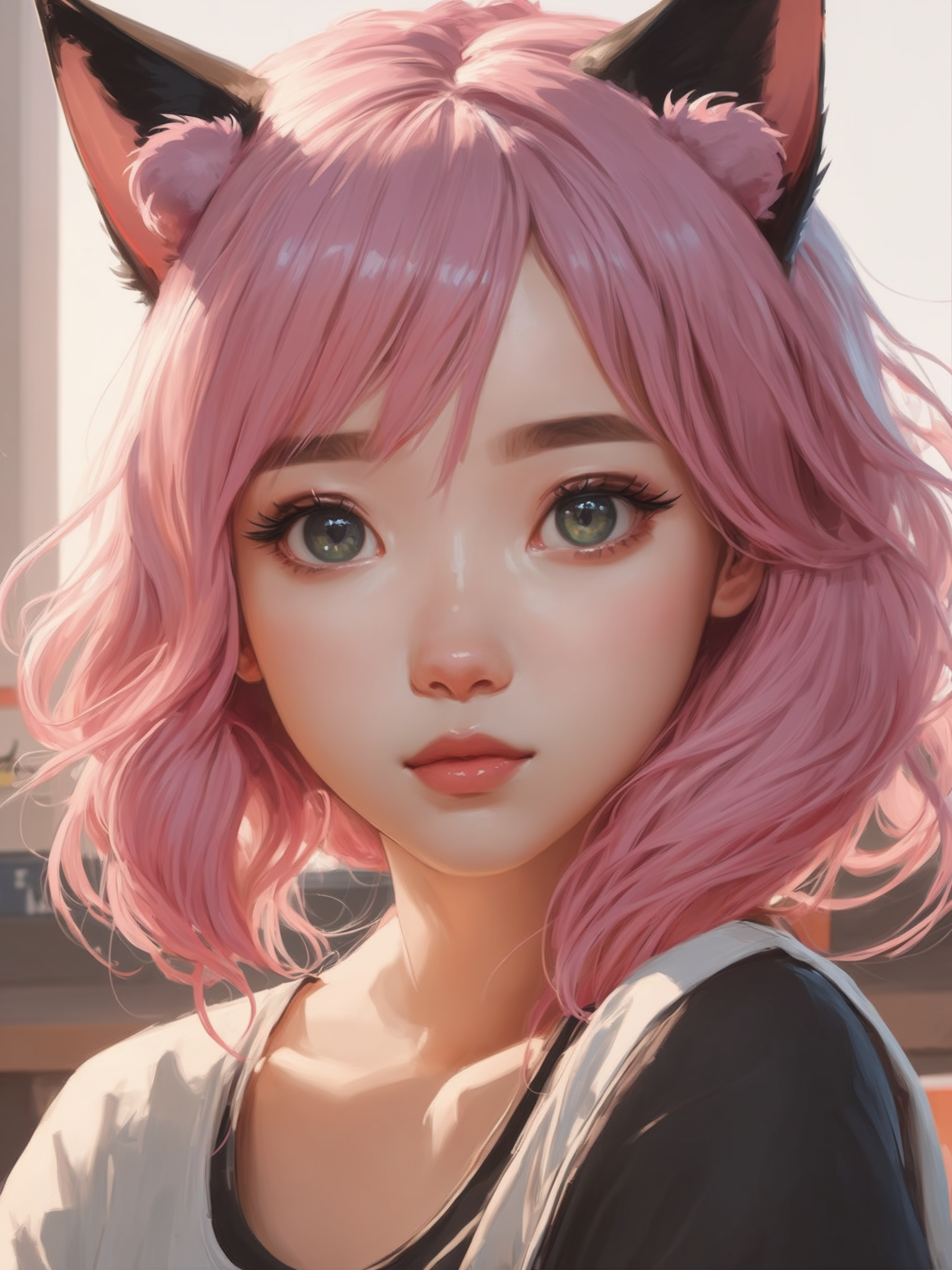masterpiece, best quality, (1girl), Sam Yang, beautiful detailed eyes, looking at viewer, upper body, pink hair, shy, cat ears, very detailed, high resolution, sharp, sharp image, 4k, 8k,