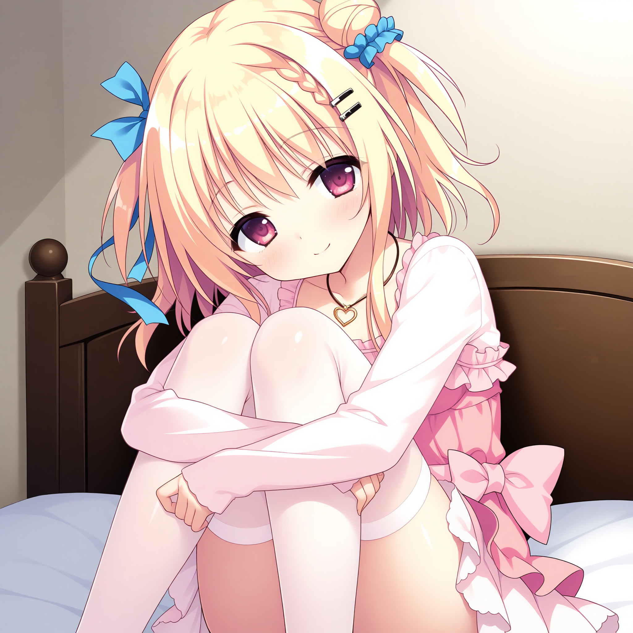 <lora:Futaba_Mikana_1_nai-000034:1>,Futaba Mikana,short hair with long locks,two side up,single hair bun,blue scrunchie,braid,hairclip,hair ribbon,blue ribbon,
pink thighhighs,long sleeves,pink dress,sleeves past wrists,short dress,heart necklace,frilled dress,waist bow,pink bow,layered skirt,
BREAK
1girl,solo,smile,looking at viewer,on bed,hugging own legs,sitting,head tilt,blush,