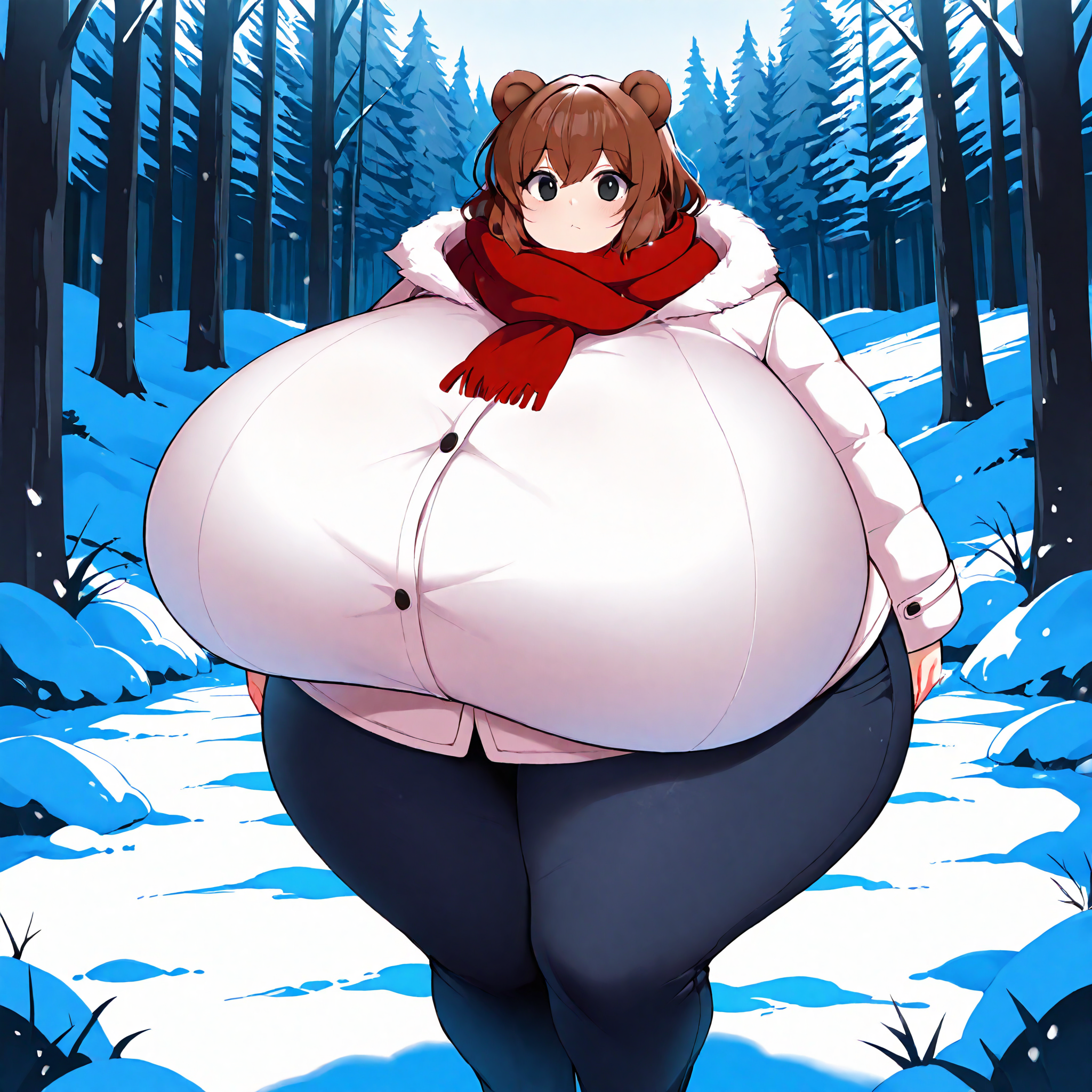 (masterpiece), best quality, (highly detailed), 1female, solo, <lora:Waltzpurgis_style_Illustrious:0.8>, bear ears, brown hair, black eyes, gigantic breasts, wide hips, white winter coat, pants, fitting clothes, forest, snow, cabin, red scarf, looking at viewer, blank expression,