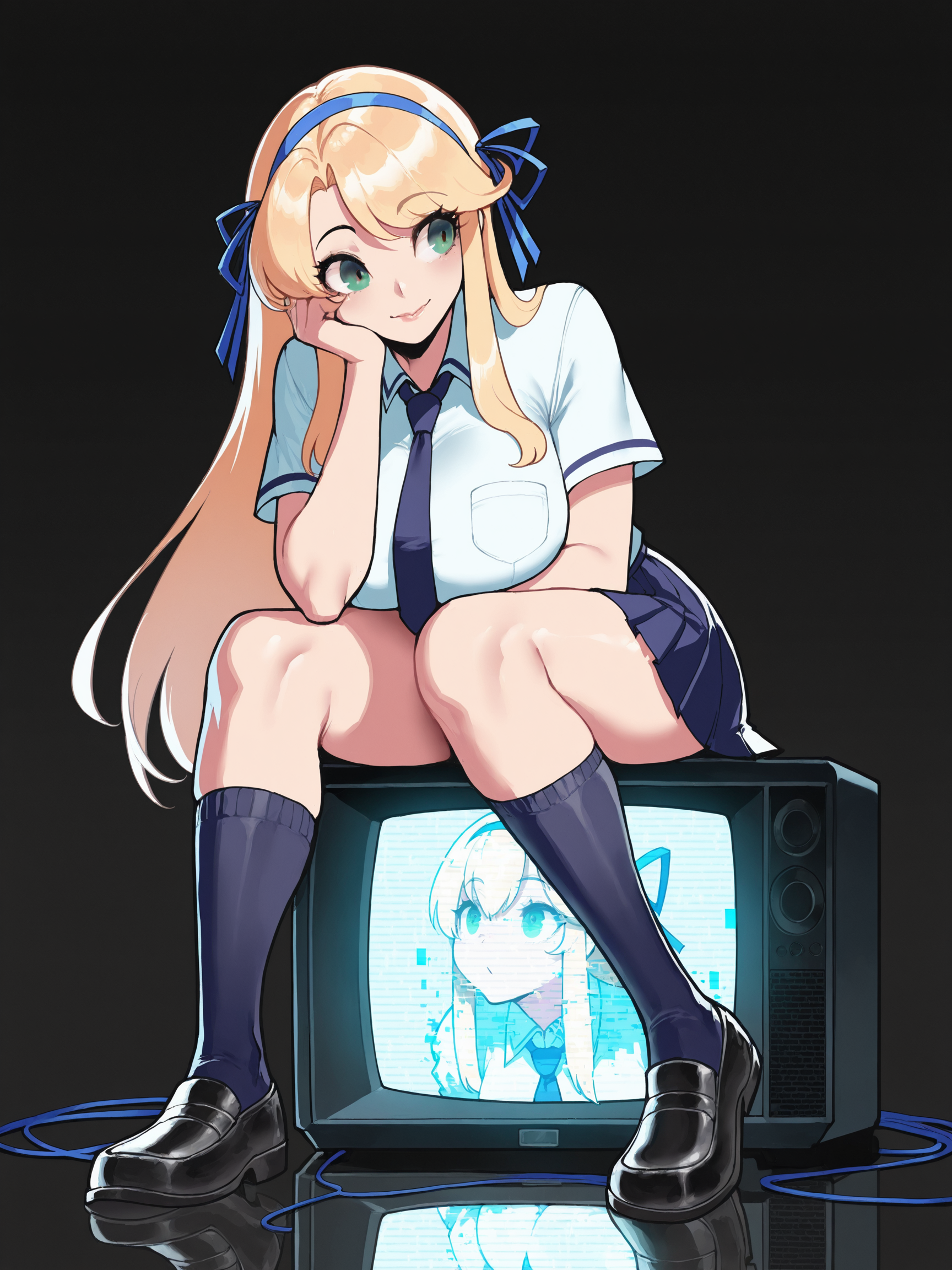 masterpiece, best quality, amazing quality
(solo:1.4), Katsuragi_IL, green eyes, long blonde hair, blue hair ribbon, double hair ribbon, large breasts, Katsuragi_School, school uniform, blue necktie, white buttoned shirt, pleated skirt, dark blue kneehighs, black loafers
(gorgeous mushroom:1),(agoto:1),(kim hyung tae:0.5),(nyantcha:0.8),(soejima shigenori:0.8), sitting,monitor, head rest, television, screen light, glitch, [(digital dissolve,dissolving :1): (digital dissolve,dissolving :1.3):15], sitting on box, dark, night, wire, simple dark background, reflection
<lora:SK_Katsuragi_IL:0.8>