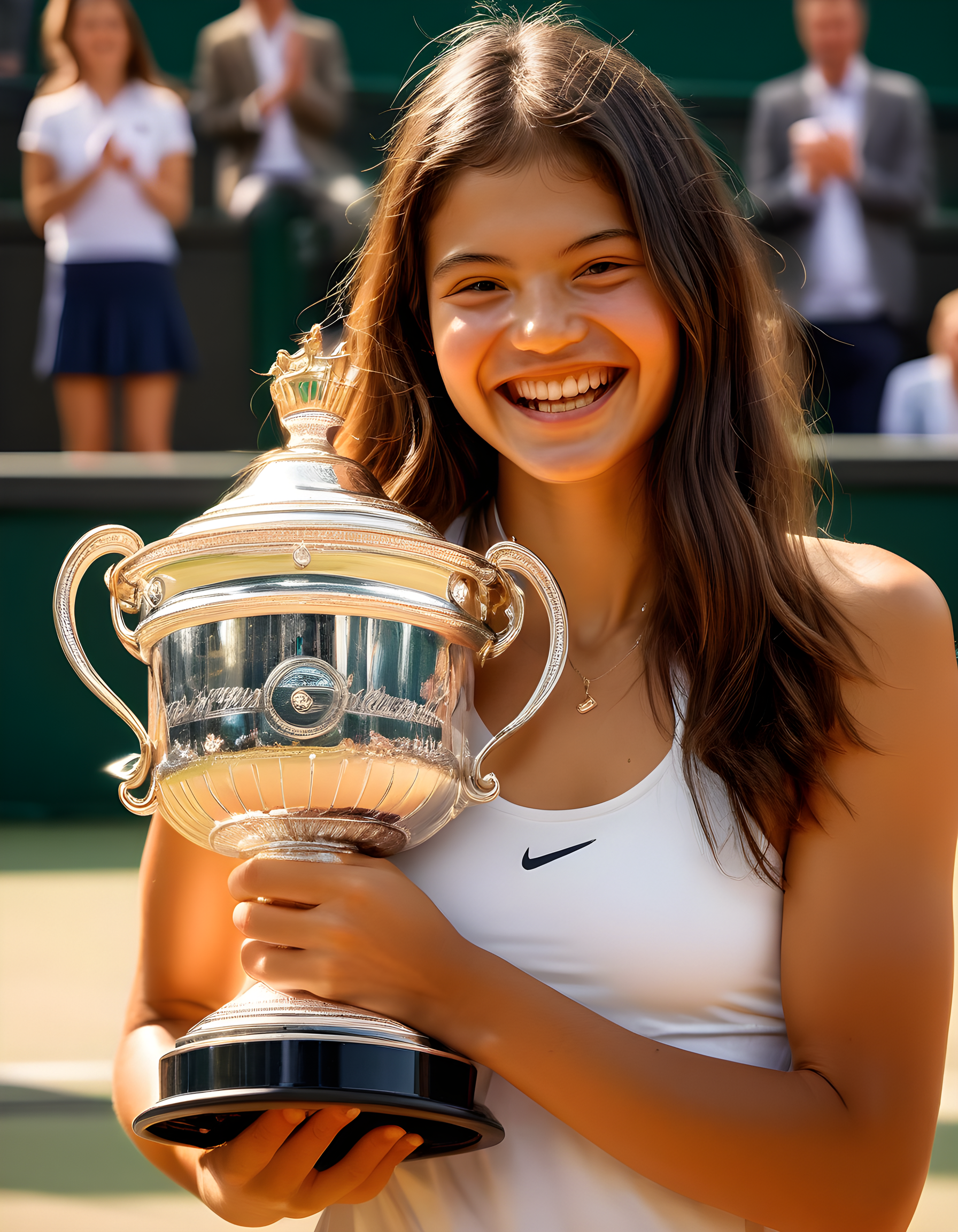 emmaraducanu, In a bright and bustling tennis court under the warm afternoon sun, Emma Raducanu, with her long, wavy chestnut hair cascading down her shoulders, gracefully smiles at the viewer, her radiant teeth gleaming as she holds up the trophy in a triumphant grin, against the vibrant backdrop of cheering spectators and the iconic tennis court net. The camera captures her from an intimate, slightly elevated angle, emphasizing her confidence and achievement.