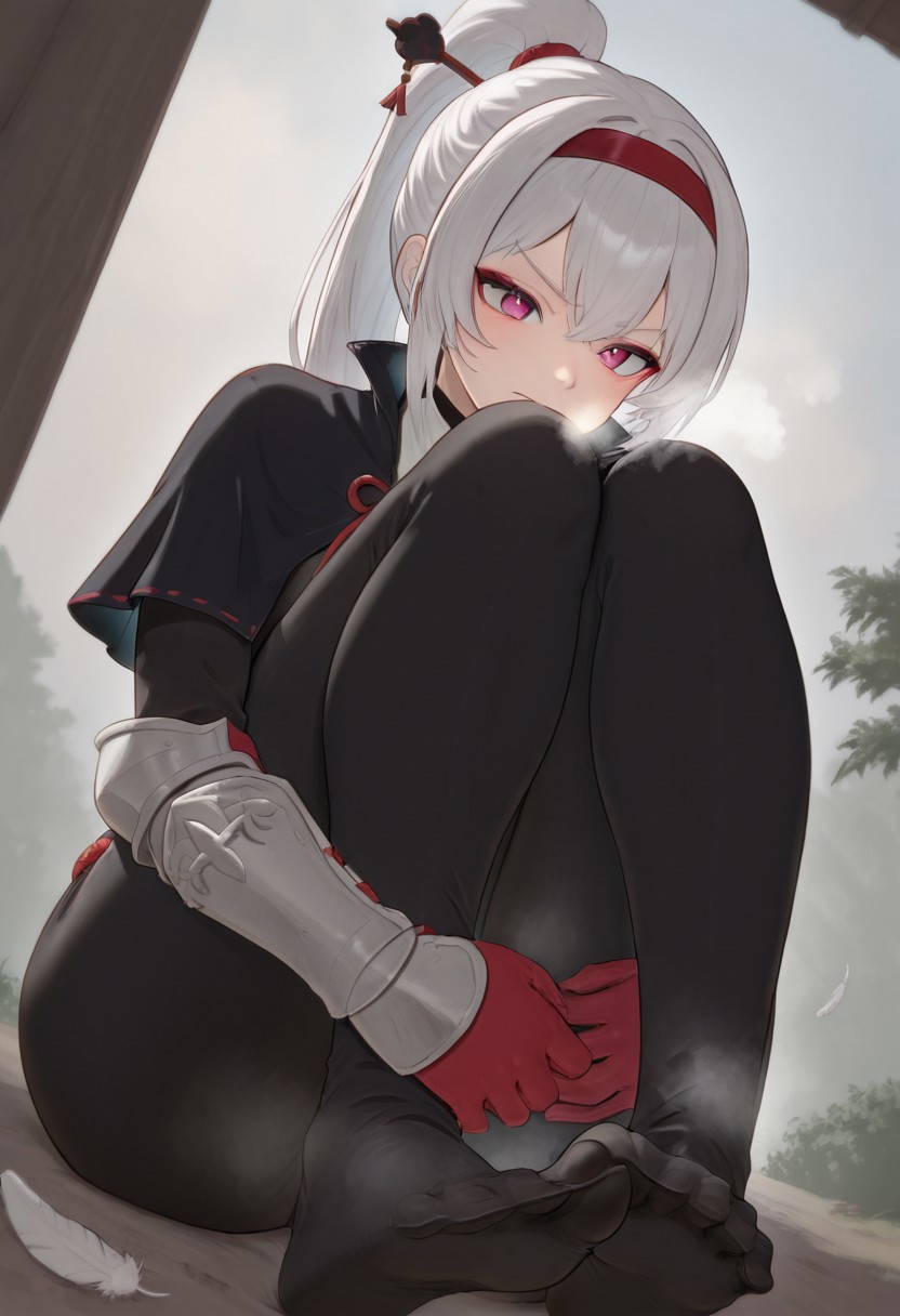 uraharaudon,  outdoors, undershirt, falling feathers, black bodysuit, hair stick, hugging own legs, , gauntlets,   eyeshadow,   red gloves,  high ponytail,  , black capelet, red hairband, pink eyes, 1girl, solo, feet, visible breath,   dynamic angle, foreshortening, smell, steam,