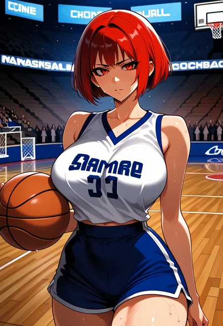 score_9, score_8_up, score_7_up, score_6_up, source_anime, ultra detailed, best quality, high resolution, extremely detailed background, 1girl, solo, cowboy shot, kana arima, bob cut, red hair, red eyes, bangs, short hair, curvy, large breasts, Wide_Hips, Thick_Legs, Big_Thighs, playing basketball, free throw performance, sweat, focused, Chicago Bulls Basketball Uniform, sleeveless, shorts, on court interiors, crowd,