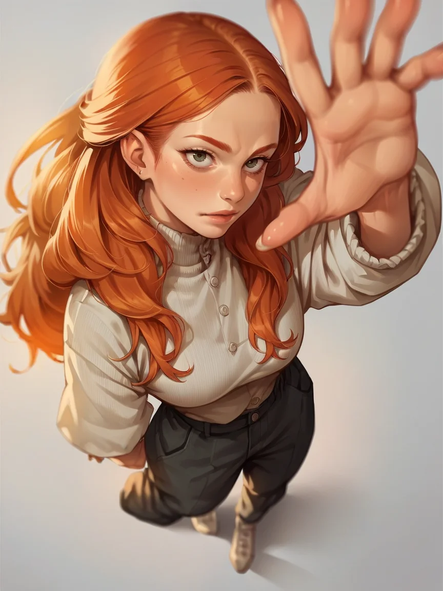 score_9, score_8_up, score_7_up, score_6_up, score_5_up, <lora:reachXLP:1> from above, reach, 1girl, source_anime, ginger, long hair, curvy,