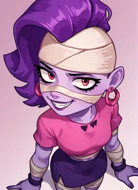 score_9, score_8_up, score_7_up, <lora:bsemz:1>bsemz , 1 girl , purple skin , bandages ,Earrings , purple hair, skirt ,cropped shirt , pink shirt , <lora:PossumMachine:1>posmach , smile , from above,