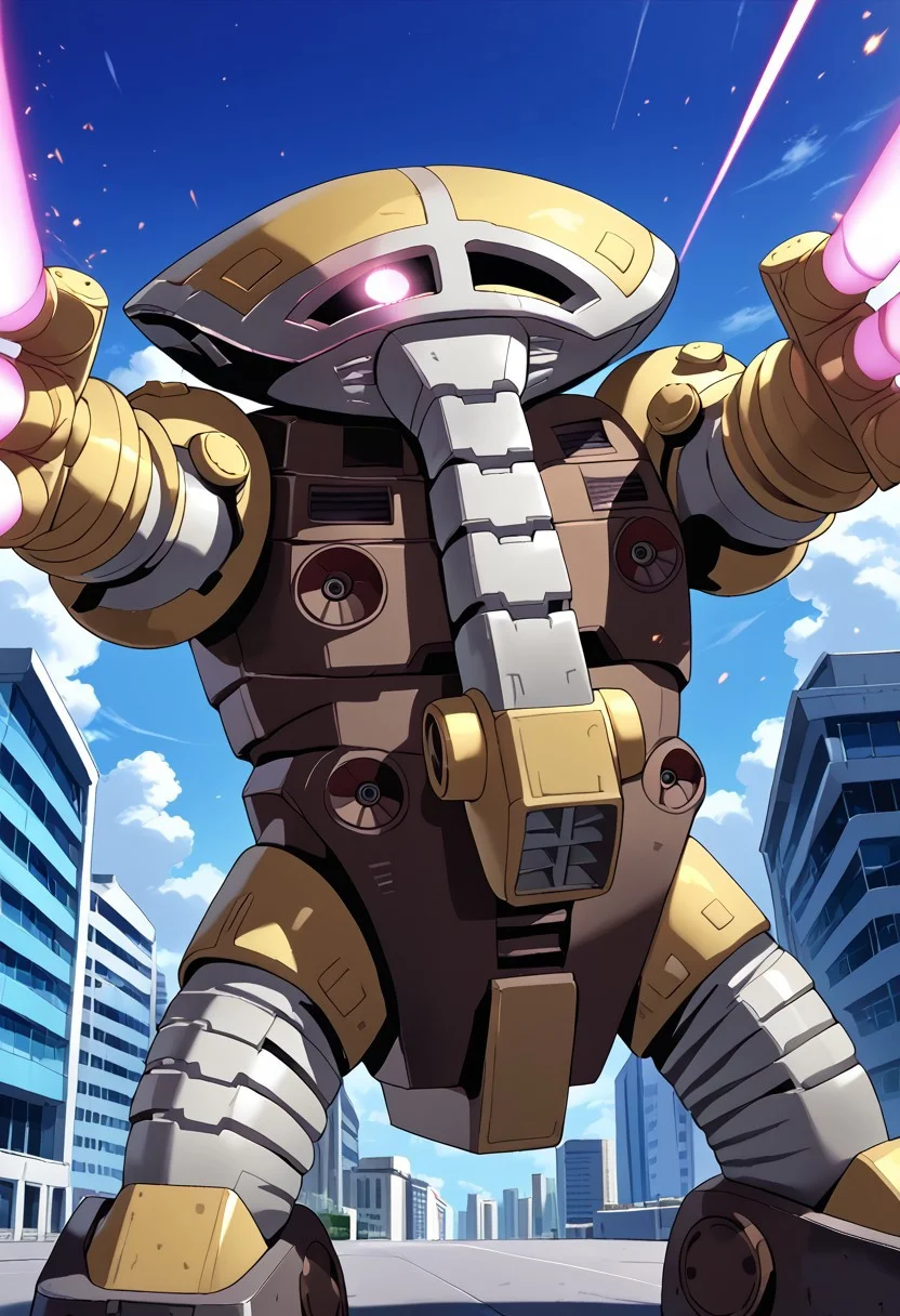 score_9, score_8_up, score_7_up, source_anime, front view, BREAK, ( juaggu, pink monoeye, glowing monoeye, looking down and to the side, combat pose, one arm out to the side, one arm raised to block a beam saber, extended nose, ) 1mech, mech focus, solo, BREAK, blue cloudy sky, cityscape, buildings, scaffolding, beam saber, energy particles,