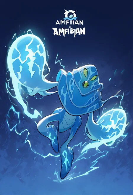 masterpiece, best quality, amazing quality, very aesthetic, absurdres, newest,, detailed background, 
 ampfibian, full body, pokemon (creature), no humans, colored sclera, green eyes, blue skin, tentacles, extra eyes, colored skin, squid, jellyfish,   no mouth, 
attacking, pokemon artwork, pokemon poster, dynamic pose, electric attack, blue electricity,