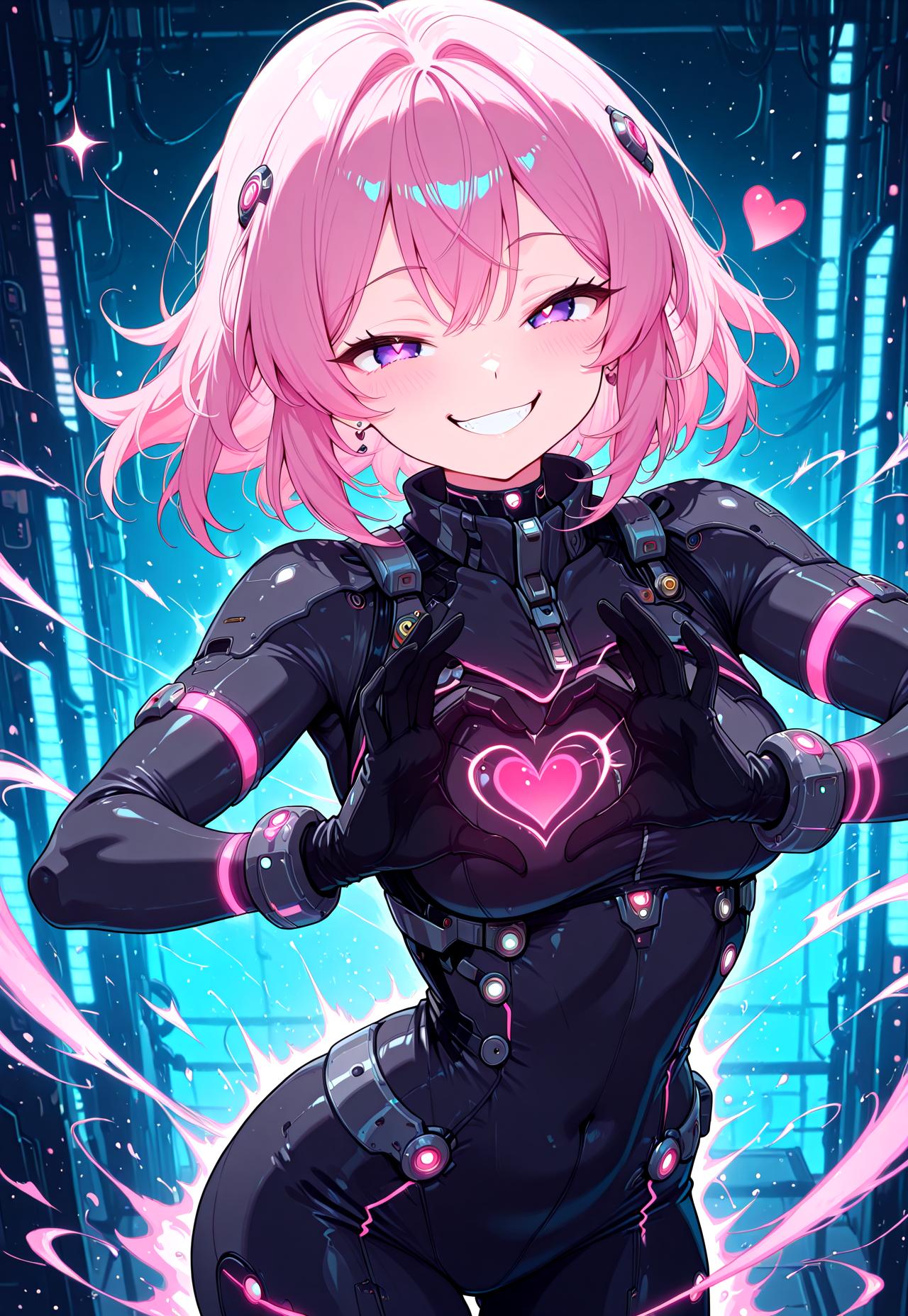 masterpiece, best quality, newest, absurdres, highres, anime,
zzCitronLegacy, CivChan, pink hair, purple eyes, heart, 1girl, blush, smile, smug, grin, looking at viewer, bodysuit, gloves, neon glow, cowboy shot, solo, in the style of cknc, hi-tech, sci-fi, dynamic pose, heart hands, motion effect, magic effect,