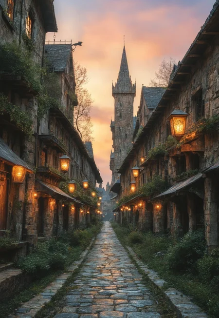 A highly detailed, fantastic digital painting in a medieval fantasy style. The scene depicts a sprawling, ancient medieval city with intricate stone architecture, set in a lush, sunlit valley. The city features tall, pointed towers, archways, and battlements, adorned with ornate carvings and intricate stonework.
The city's grand entrance is flanked by massive wooden gates, reinforced with iron and adorned with elaborate carvings. The cobblestone streets are bustling with activity, where knights in gleaming armor patrol, and merchants sell their wares in colorful market stalls.
The surrounding landscape is verdant and enchanting, with rolling hills, dense forests, and a sparkling river. Magical elements, such as glowing lanterns and mystical creatures, add to the ethereal atmosphere.
The entire scene is bathed in a warm, golden light, casting long shadows and highlighting the rich textures and vibrant colors of the environment.
<lora:add-detail-xl:1>
<lora:Dynamic Poses:1>